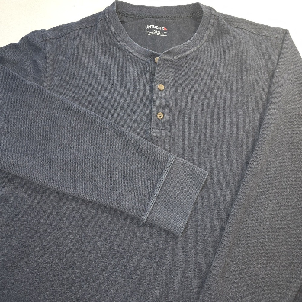 UNTUCKit Men's Large Henley Shirt Waffle Knit Cotton Viscose Long Sleeve Navy...